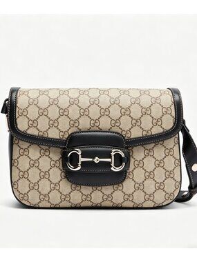Gucci GG Supreme Monogram Canvas Horsebit 1955 Medium Flap Bag Beige Black Ebony